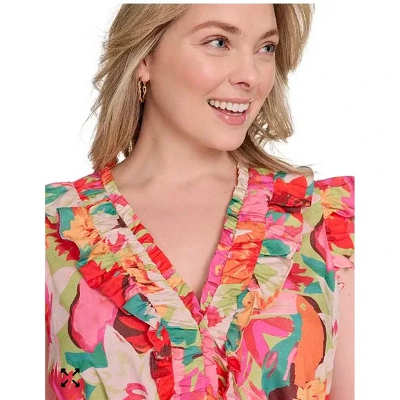 Vince Camuto Womens Floral Ruffle V-Neck Tiered Midi Dress Pink Orange Size 16 - Picture 2 of 8